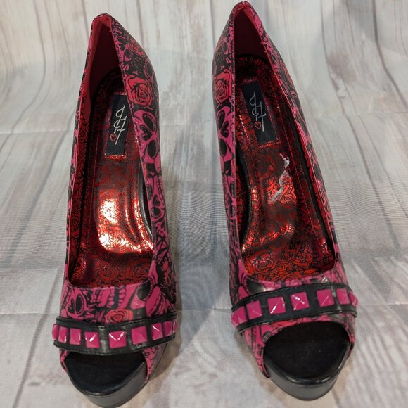 JustFab Women's Pink-Black Skull Peep Toe Heels Size 41 - Picture 3 of 11